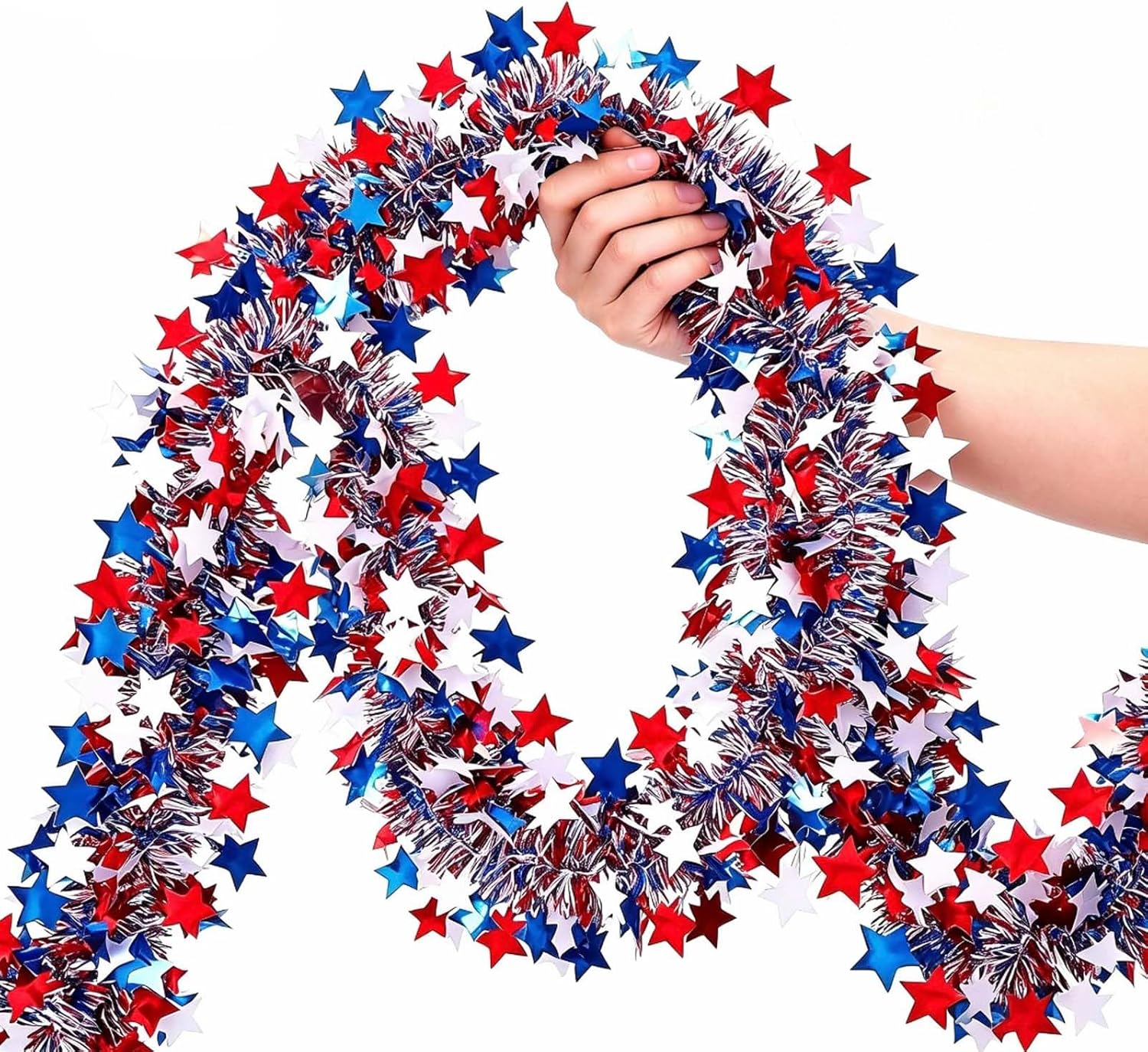 52.5Ft 4th of July Garland, Patriotic Red White and Blue Star Glitter Tinsel Twist Garland, 4th of July Decorations for Car Bike Golf Cart Independence Day Memorial Day Decor