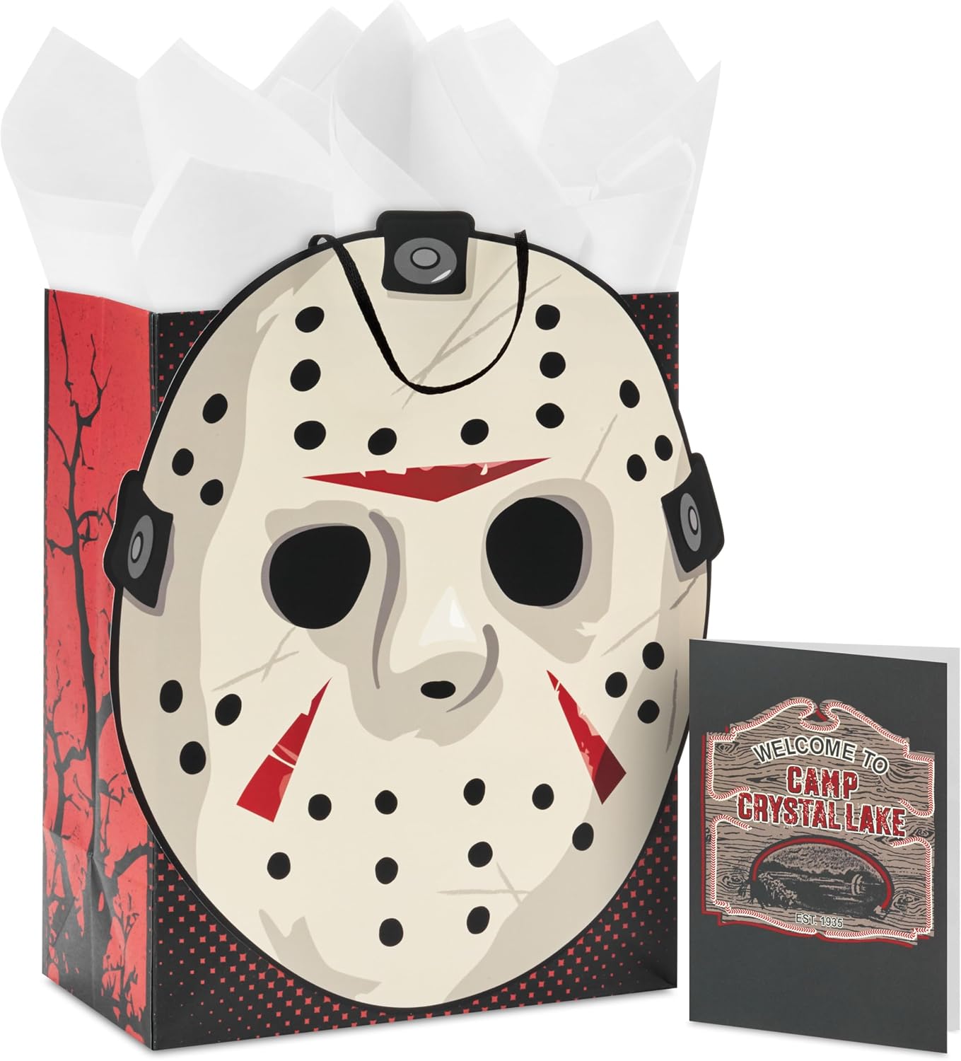 Hallmark Halloween Friday the 13th Gift Bag with Tissue Paper and Greeting Card (Jason Mask, Welcome to Camp Crystal Lake)