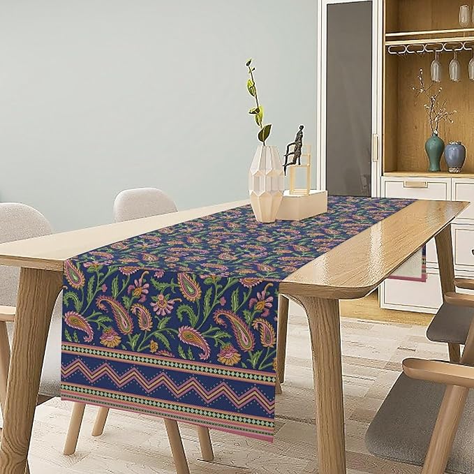 Colorful Paisley Floral Table Runner, Vintage Pink Purple Flowers Green Plants Leaves Print Table Runner for Kitchen Dining Table Indoor Outdoor Home Party, 13x120inch