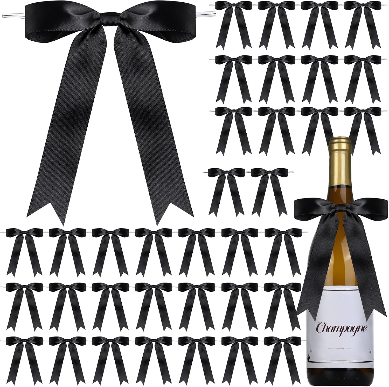 YGDZ Black Bows 30PCS, Satin Ribbon 5x7'' Large Black Bow for Champagne Bottle Wrapping, Balloons, Twist Tie Bows Decorations for Party, Cake, Craft, Gift