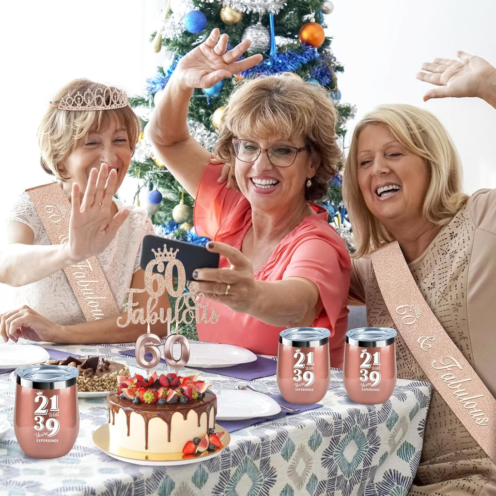 60th Birthday Decorations Gifts for Women Including Crown, Sash, Cake Topper, Candles and 12oz Wine or Coffee Tumbler Mug with Lid, Gifts for 60 Year Old Woman