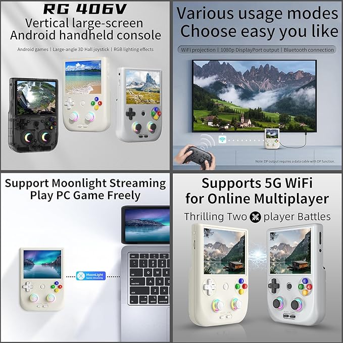 RG406V Handheld Game Console Preloaded Games RG 406V 4-inch IPS Multi-touch Screen Retro Game Console 128G UFS2.2 Android 13 Retro Emulator RG406V 5500mAh Battery 1080p DP WIFI Bluetooth Beige White
