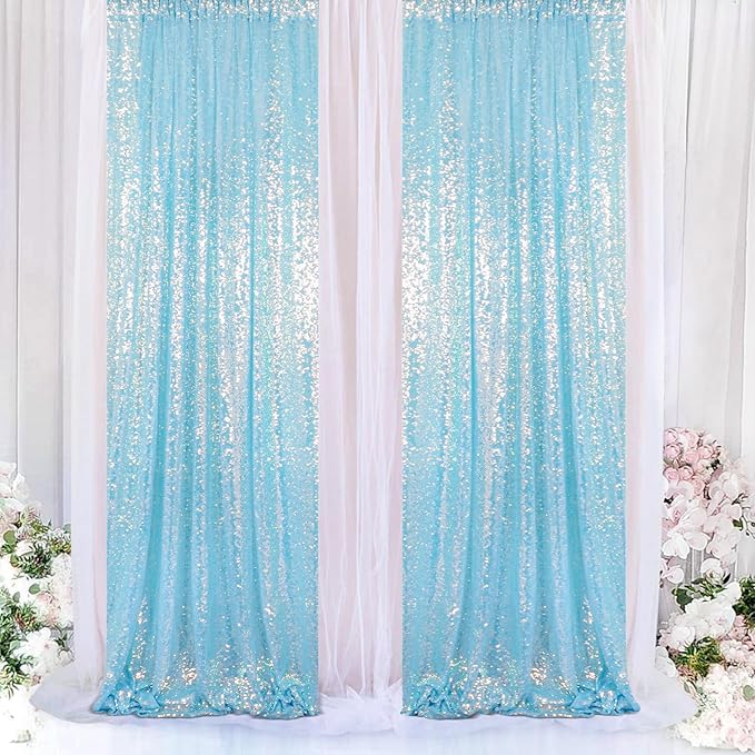 ShiDianYi Iridescent Aqua Sequin Backdrops for Photograph Backdrop Curtain 4FTx10FT 2 Panels Birthday Glitter Blue Curtains Sequin Fabric Mermaid Background
