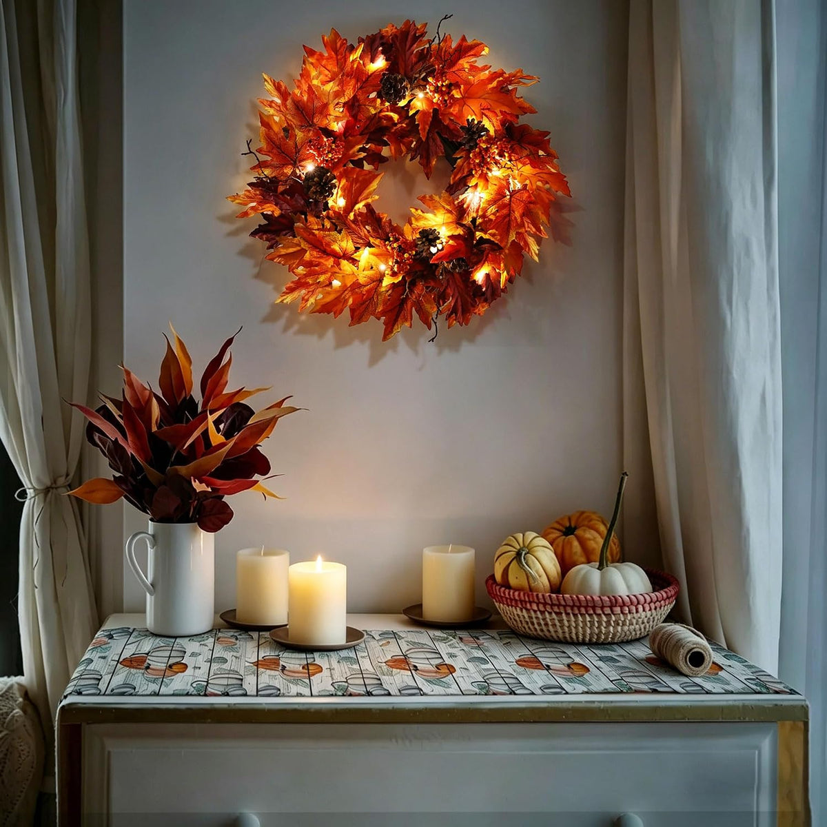 Ghrdopy 24in Fall Wreath for Front Door with 20 Lights & Timer