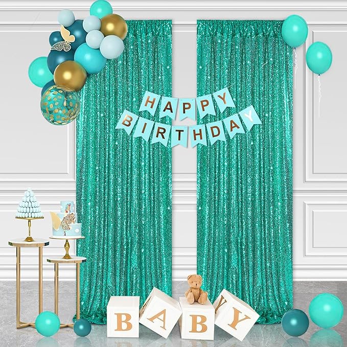 Mermaid Sequin Photo Backdrop Decor: Lake Green Glitter Background 2 Panels 2FT x 8FT for Ocean Party Baby Shower