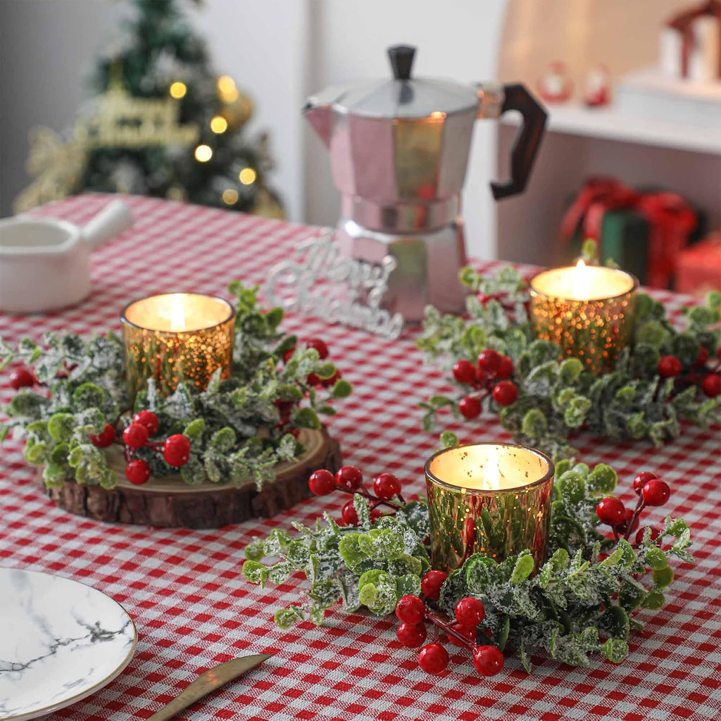 Christmas Candle Ring, 4 Pcs Gold Votive Candles with Red Berry Xmas Candle Ring Wreath for Christmas Table Centerpiece Decoration Party Holiday
