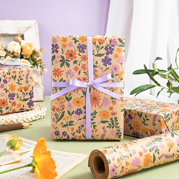 WRAPAHOLIC Kraft Floral Wrapping Paper Roll - Mini Roll - 17 Inch x 9.8 Feet - Vintage Flower Wrapping Paper, Perfect for Wedding, Birthday, Bridal Shower, Tea Party