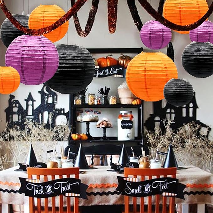 ADLKGG Paper Lanterns Party Decorations, Orange Purple Black Round Hanging Lanterns for Graduation Halloween Thanksgiving Birthday Party Decorations, 21pcs