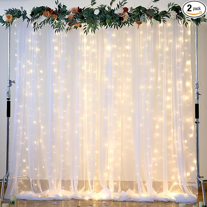 White Tulle Backdrop Curtain with Lights String for Parites 10×8ft Sheer Backdrop Curtains White Curtain Backdrop for Wedding Baby Shower Birthday Party Photo Shoot Decorations(2 Panels 10ft×8ft)