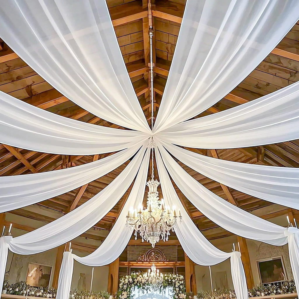 modfuns ceiling drapes for parties white sheer chiffon shown in use