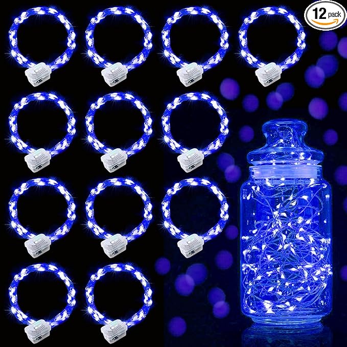Aogist 12 Pack Fairy Lights 3 Modes 7ft 20 LED Waterproof,Battery Operated Silver Wire Firefly Starry Moon Mini String Lights for Mason Jars Christmas DIY Crafts Wedding Party Bedroom,Blue