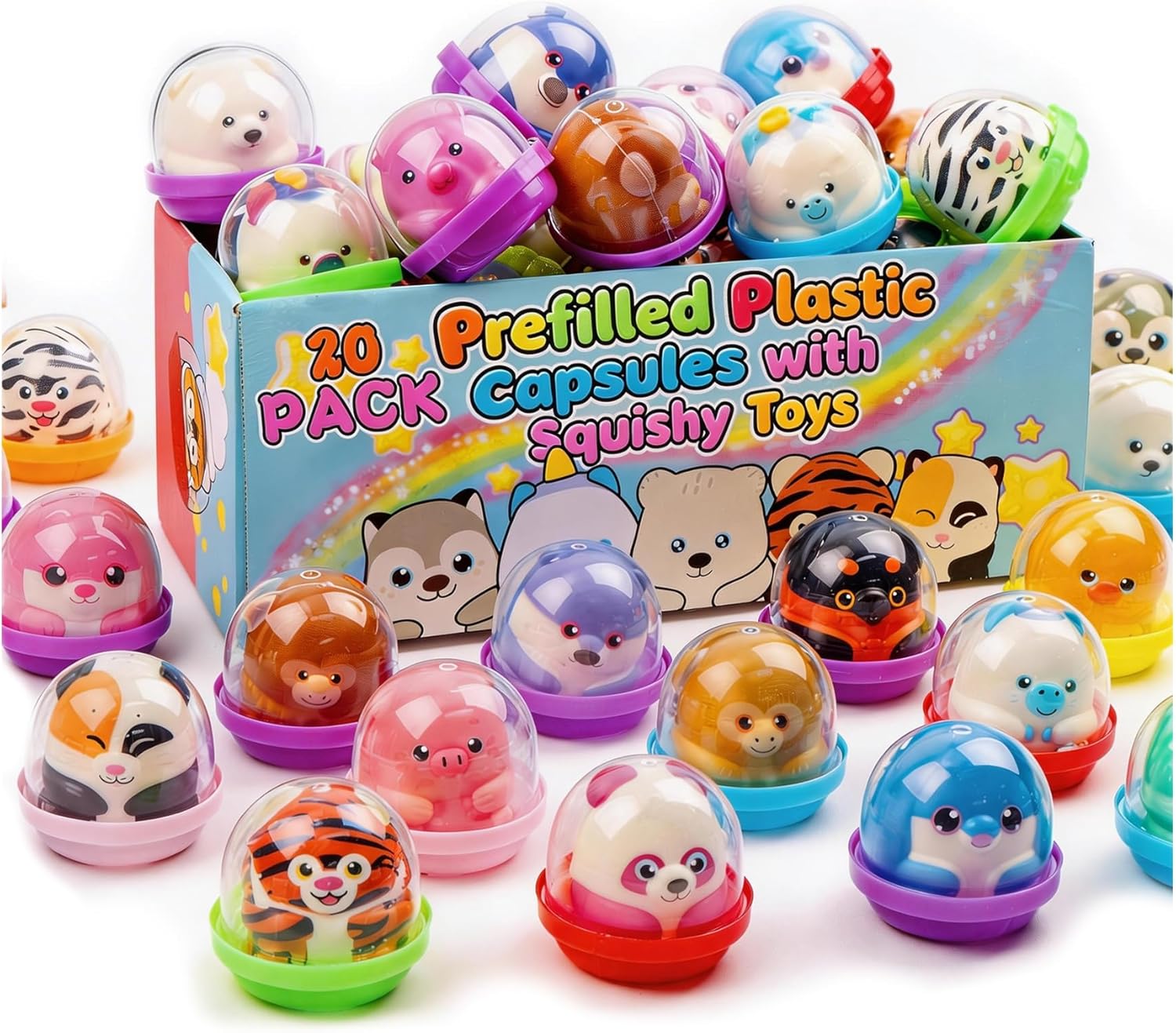 KissFree 20 Pack Animal Squishy Toys in Ready-to-Give Capsules, No Assembly Required, Party Favors for Kids, Goodie Bag Stuffers, Birthday Gifts, Pinata Fillers & Classroom Prizes