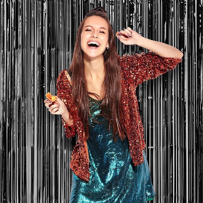 2 Pack Laser Black Foil Fringe Backdrop Curtains, Tinsel Streamers Birthday Party Decorations, Fringe Backdrop for Graduation, Baby Shower, Gender Reveal, Disco Party
