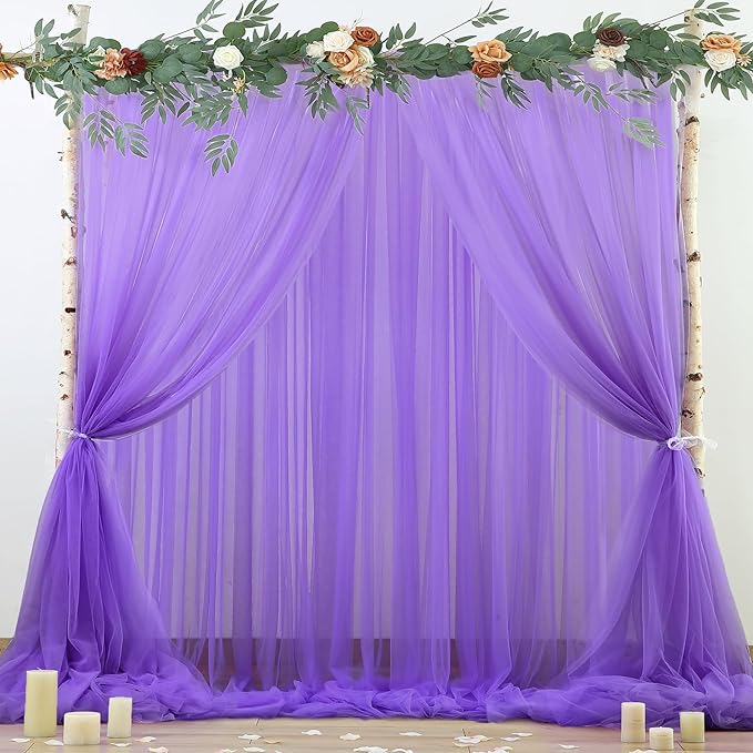 Purple Tulle Backdrop Curtain for Baby Shower Girls Birthday Party Purple Sheer Backdrop Drapes for Wedding Reception Photoshoot Elephant Theme Background Decorations 2 Panels 5 ft X 8 ft