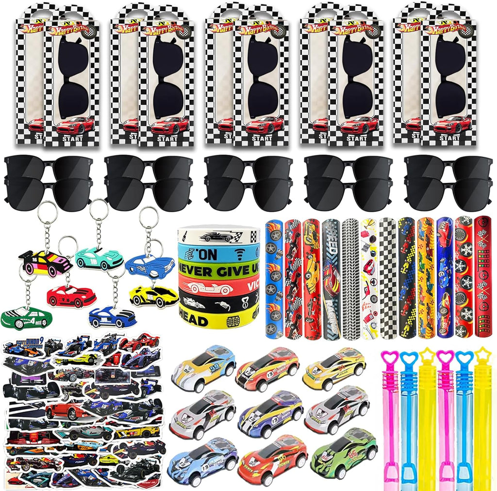 120PCS Race Car Party Favors Set, Car Birthday Decorations Including Slap Bracelets, Keychains, Gift Bags, DIY Stickers,Racing Glasses ,Bubble Wands, Race Car Birthday Supplies