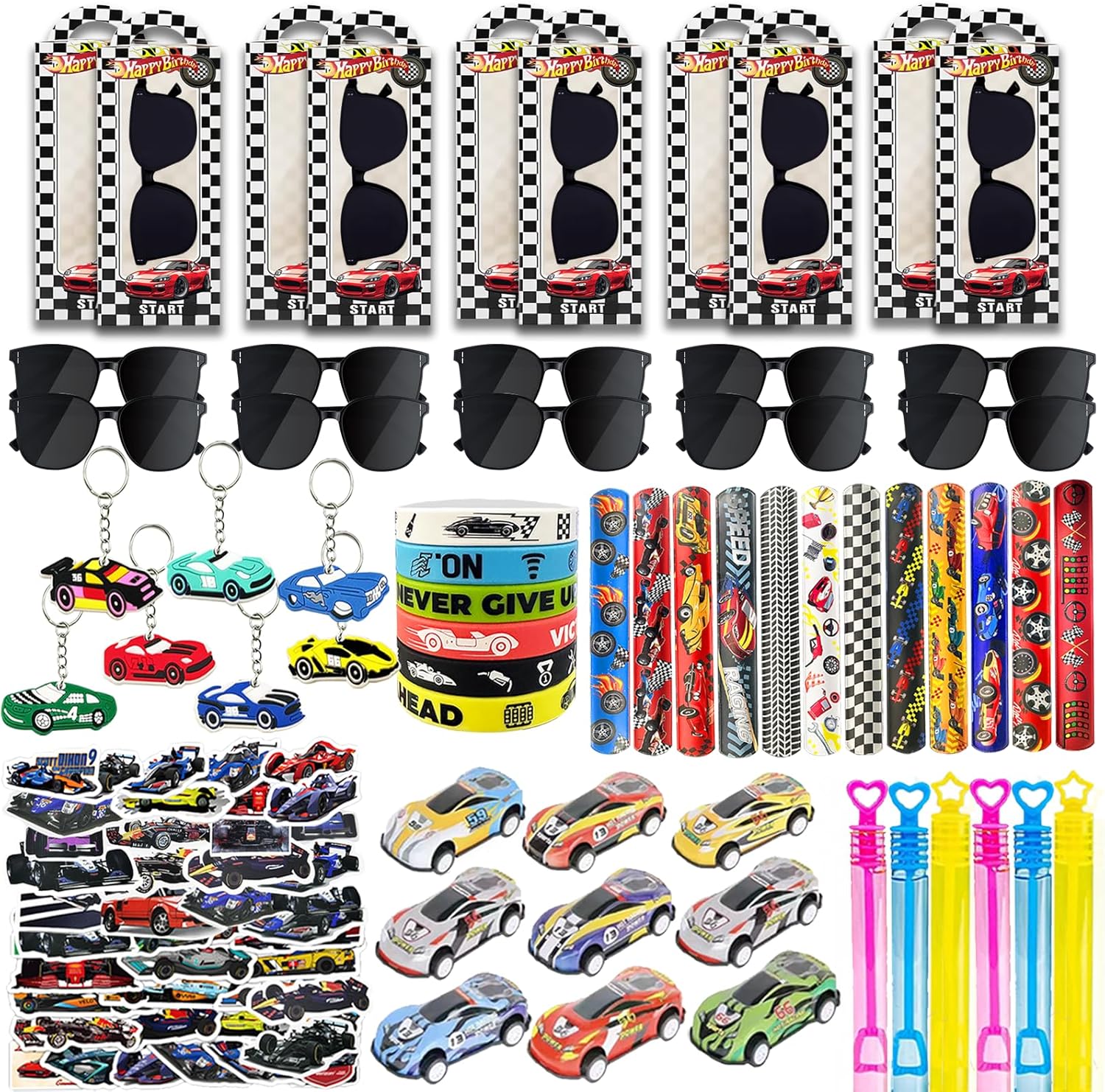 120PCS Race Car Party Favors Set, Car Birthday Decorations Including Slap Bracelets, Keychains, Gift Bags, DIY Stickers,Racing Glasses ,Bubble Wands, Race Car Birthday Supplies