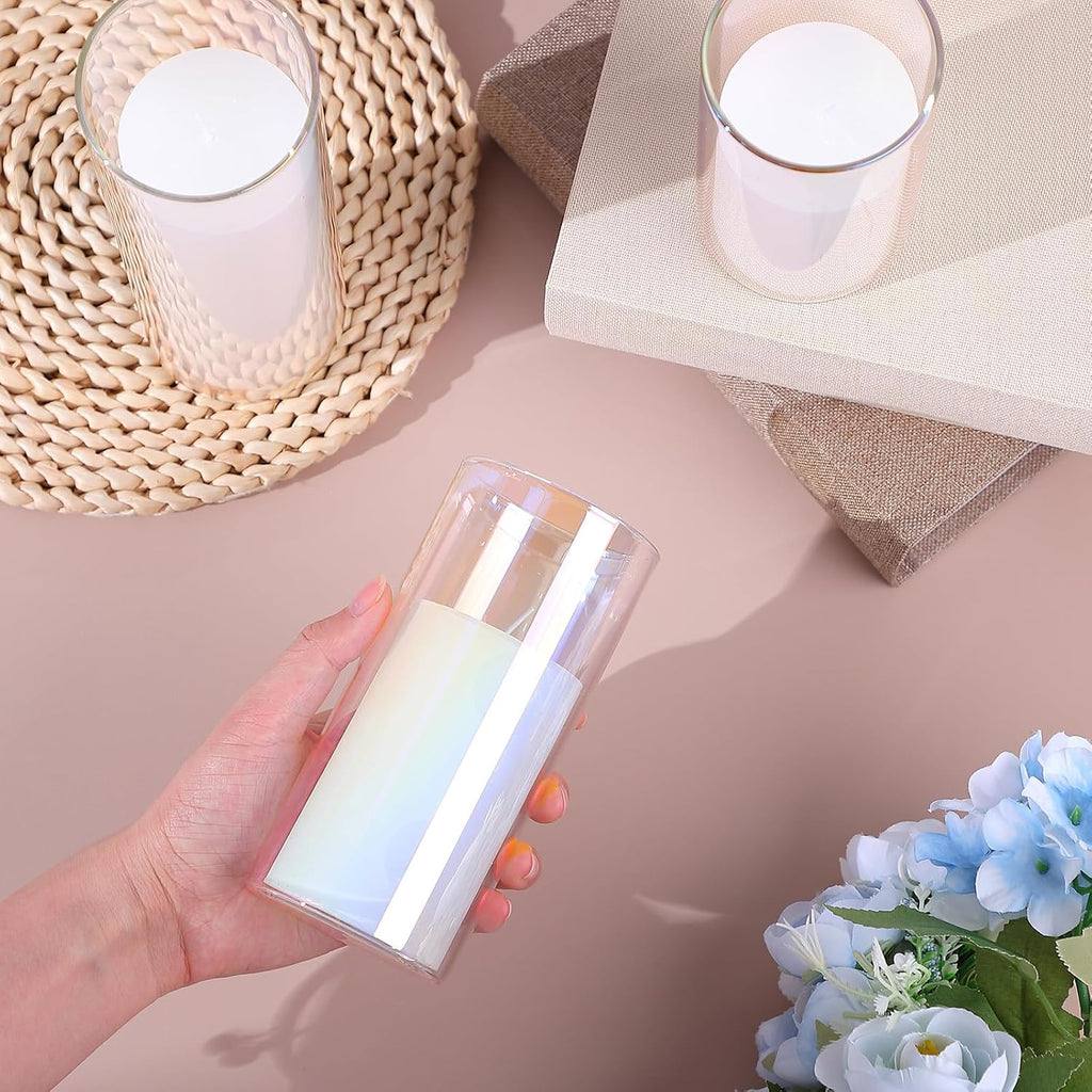 Shihanee Set of 6 Pillar Candles and Glass Cylinder Vases Clear Cylinder CandleHolders for Slim Tall Pillar Candles Wedding Centerpieces (2.8'' X 4.7", 5.9", 7.9",Iridescent)