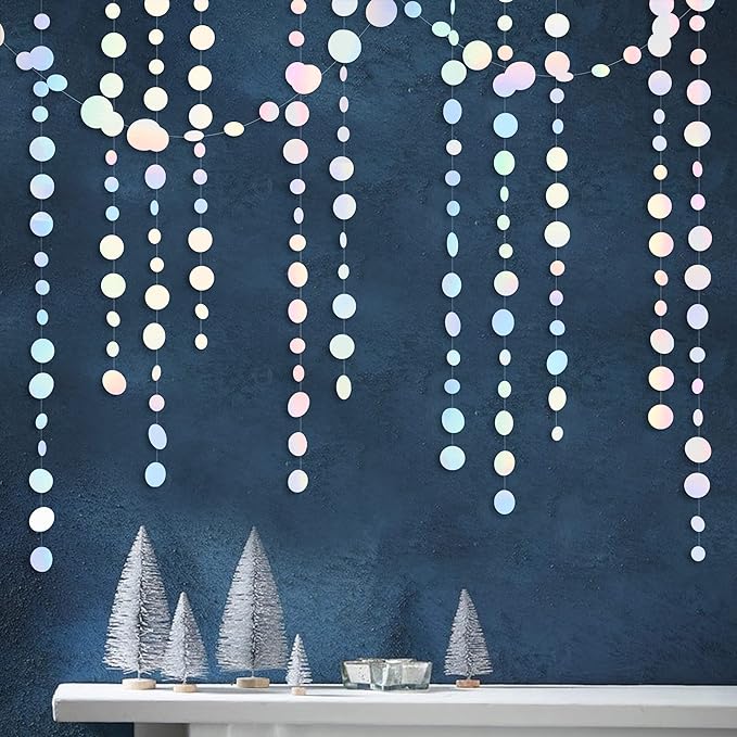 46 Ft White Iridescent Circle Dots Garland Hanging Holographic Polka Dots Streamer for Birthday Bachelorette Engagement Wedding Bridal Shower Galaxy Pastel Winter Christmas Party Decorations Supplies