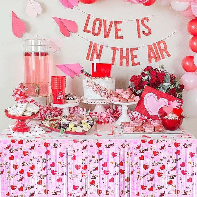6 Pack 29 x108 Inch Love Pink Wave Foil Fringe Table Skirts Metallic Banner for Tinsel Streamer Garland Backdrop for Parade Floats, Mother's Day, Easter, Wedding, Birthday Party Decoration