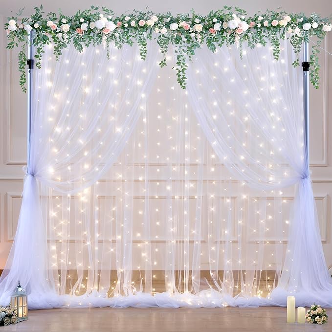 White Tulle Backdrop Curtain with Lights String for Parties Wedding Bridal Shower Sheer White Curtain Backdrop for Birthday Baby Shower Photo Booth Photography Background Decorations 10ft x 8ft