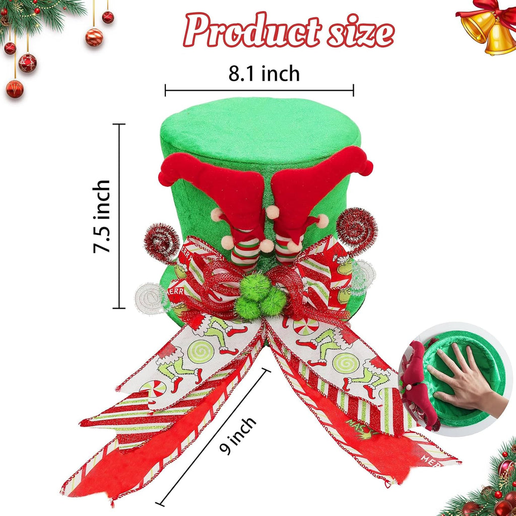 Christmas Tree Topper Hat with Bow, Velvet Top Hat Ornament with Elf Legs and Red & Green Wired Bows, Winter Holidays Xmas Decor for Home Decoration (Green)