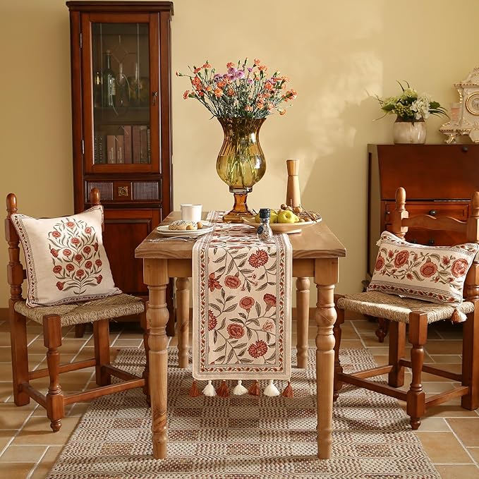 ISAENNE Designer Elegant Linen Table Runner 102 Inches Long,Vintage Orange Floral Pattern Table Runners for Dining Tables,Kitchen Decor,Thanksgiving,Christmas,Banquet,12"*102"-Alvarado A