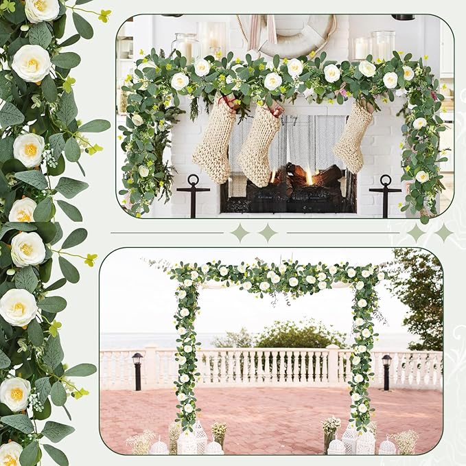 ASTRYAS 2 Pack 6.23Ft Artificial Eucalyptus Garland with Flowers, Fake Rose Garland Greenery Garlands Floral Vines for Wedding Spring Home Party Craft Art Table Runner Decor(White)