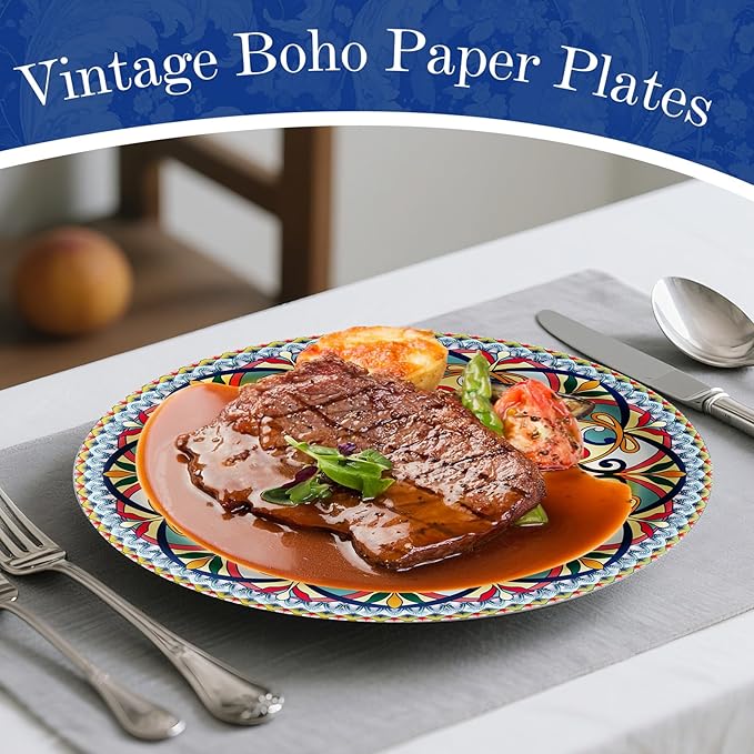 100PCS Boho Paper Plates (50×7 Inch & 50×9 Inch)–Vintage Bohemian Style Disposable Plates, Dessert Party Dinner Plates, Dinnerware Plate Set for Birthday Gatherings