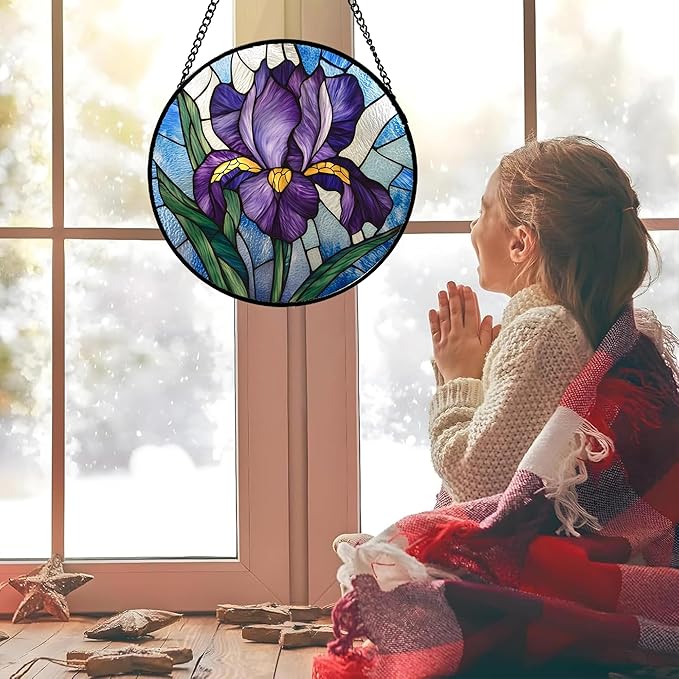 Stained Glass Window Hanging - Iris Birth Flower Suncatcher for Doors Garden Yard Purple Blue Sun Catchers Decor Christmas Mother's Day Birthday Gifts for Teacher Women Mom Nana 15 in