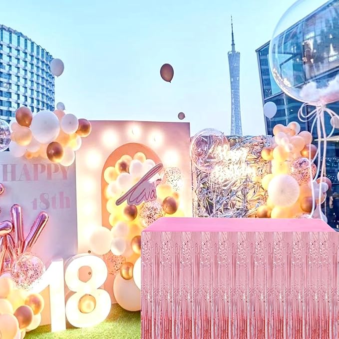 Pink Streamers Party Decorations, 2 Packs Pink Table Skirts Metallic Foil Fringe Tinsel for Birthday Bachelorette Girl Baby Shower Fiesta Float Parade Graduation Party Supplies -29x108Inch