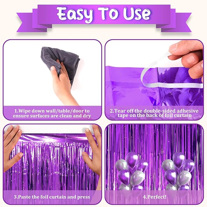 2 Pack Purple Tinsel Foil Fringe Curtains, Purple Party Decorations, Metallic Tinsel Party Streamers Backdrop for Halloween Mermaid Bachelorette Graduation Party Decorations