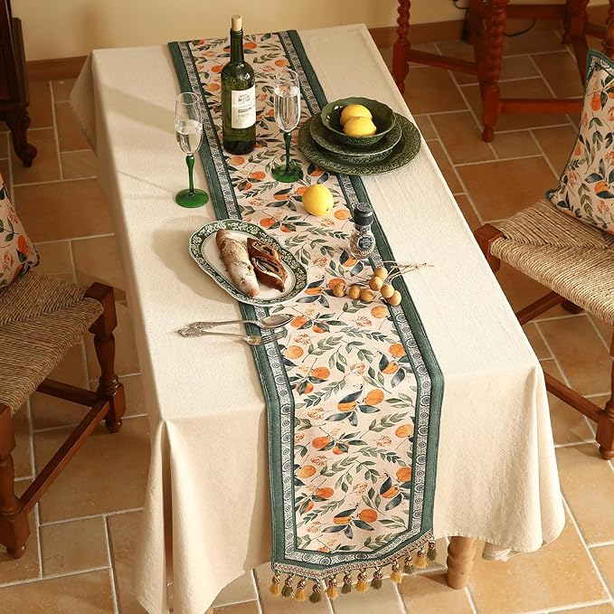 patdrea Designer Vintage Fresh Farmhouse Linen Table Runner 87 Inch Long, Green and Orange Pattern Table Mat, Decor for Kitchen Dining Table Coffee Table Shelf Cabinet Banquet Christmas ,12"*87"