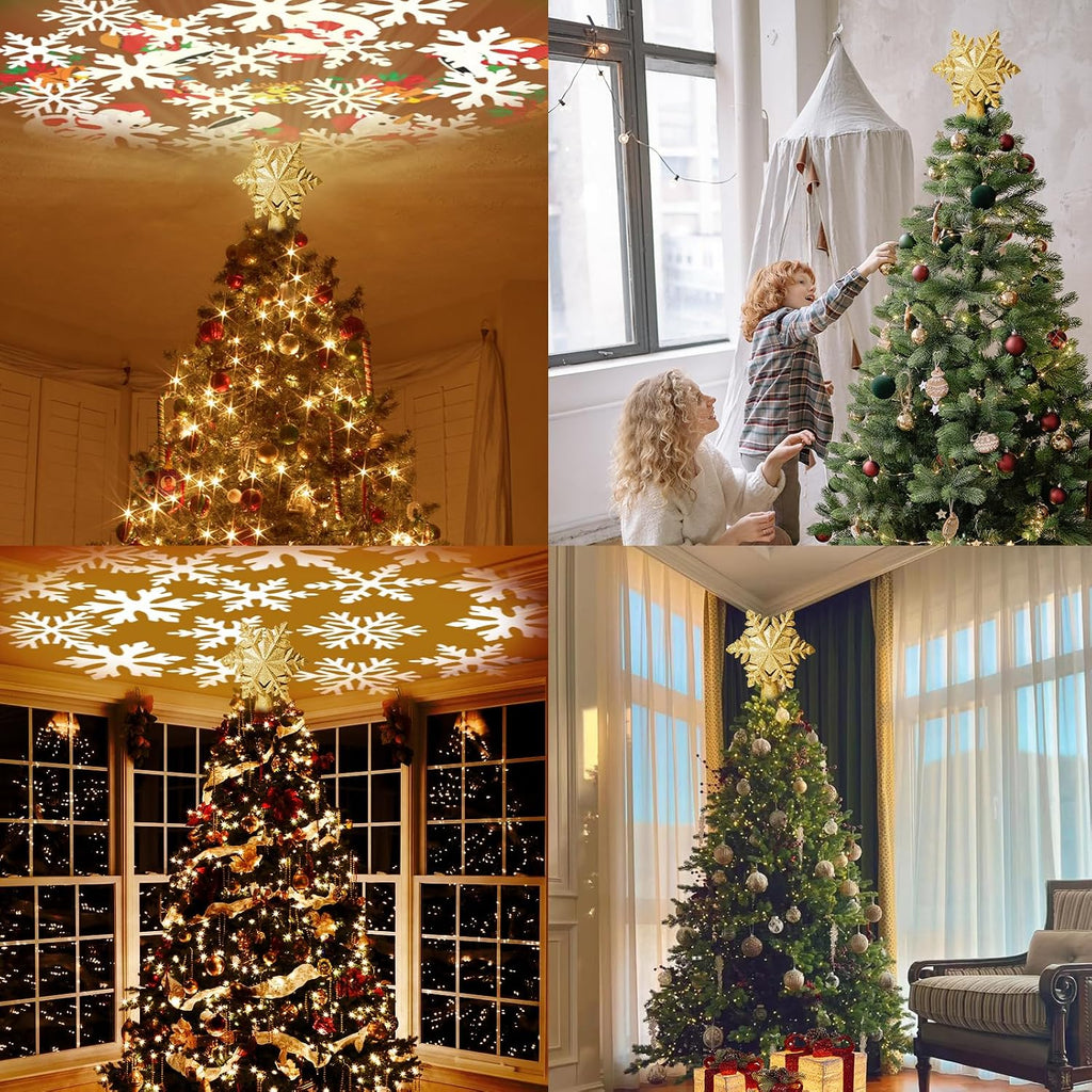 Christmas Tree Toppers Lighted with 6 Projection Modes, Christmas Snowflake Tree Topper with Built-in LED Rotating Lights, Gold 3D Glitter Projection for Xmas Party Holiday Decorations