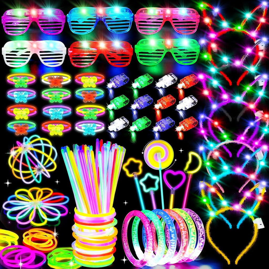 156Pcs Glow In The Dark Party Supplies for Kids/Adults, Light Up Accessories with Glasses, Headband, Bracelets, Necklaces, Wand, 100 Glow Sticks Bulk Party Pack, Neon Disco Birthday Party Decorations