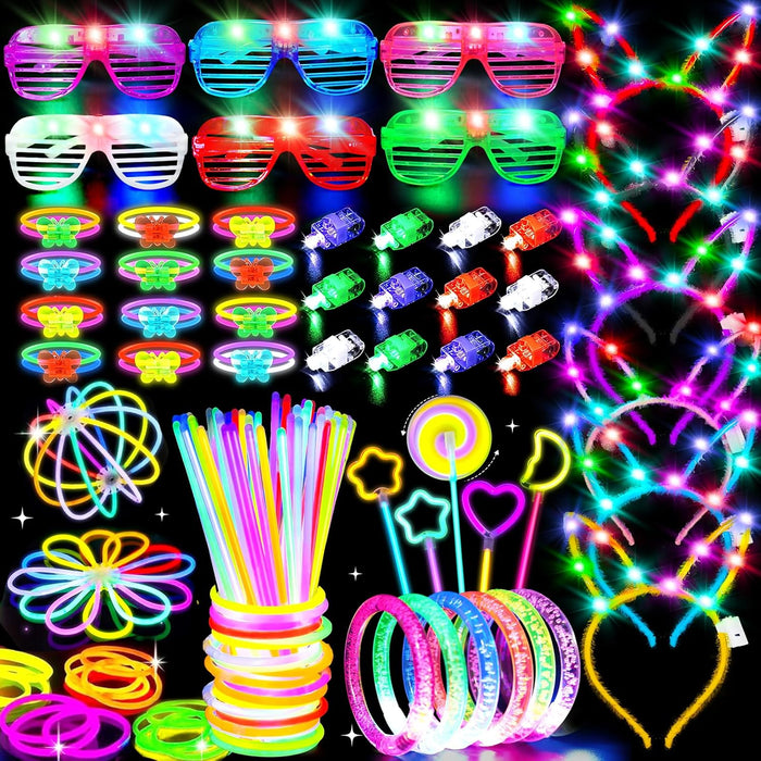 156Pcs Glow In The Dark Party Supplies for Kids/Adults, Light Up Accessories with Glasses, Headband, Bracelets, Necklaces, Wand, 100 Glow Sticks Bulk Party Pack, Neon Disco Birthday Party Decorations