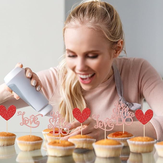 24 PCS We Still Do Cupcake Toppers Glitter Love Heart Bridal Shower Cupcake Picks for Wedding Engagement Bridal Shower Theme Party Cake Decorations Supplies Rose Gold