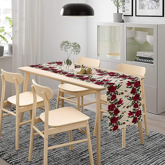 Rose Table Runner, Retro Red Rose Flowers Green Leaves Valentine's Day Kitchen Dinning Table Runner for Indoor Outdoor Home Wedding Party Holiday, 13x90 Inch