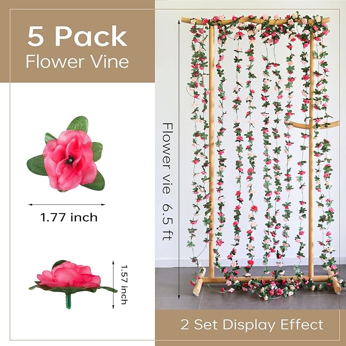 Miracliy 5Pcs 41FT Pink Flower Garland Artificial Rose Arch Vines Fake Spring Floral Garland for Flower Wall Backdrop Wedding Mothers Day Garden Tea Party Decoration