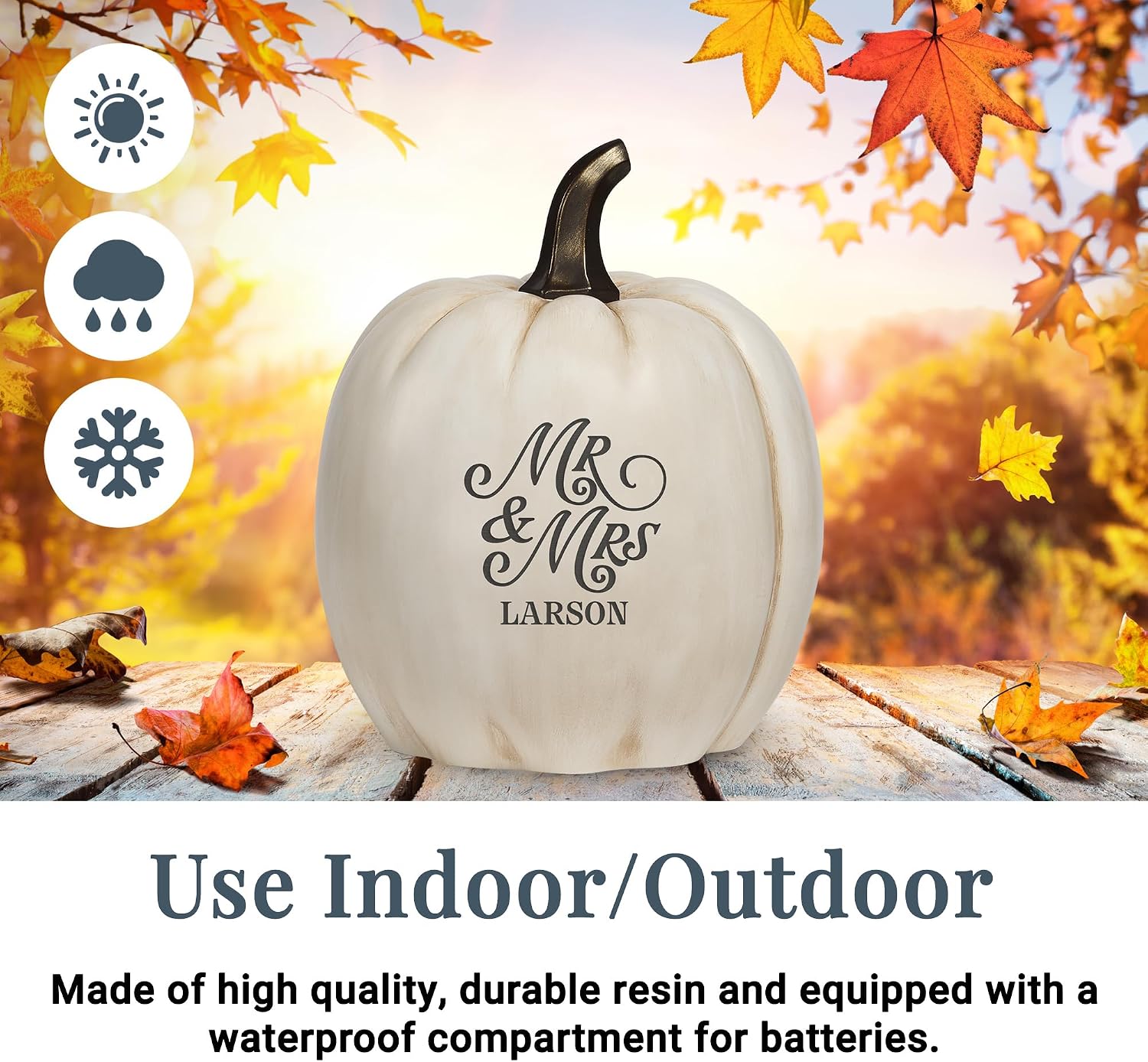 Let's Make Memories Personalized Light Up Pumpkin Decor - Celebrate Love - Fall Wedding Centerpiece - Laser-Engraved Resin with Names - Happy Couple - Orange - Large