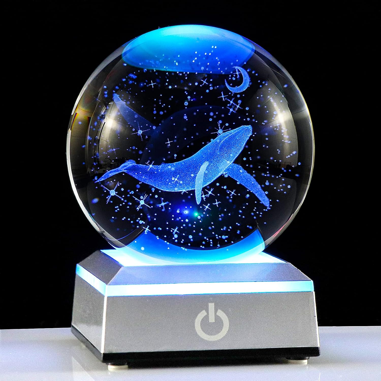 3D Engraved Whale K9 Crystal Ball with Silver LED Base 3.15in. Miniatured Whale Birthday Gifts for Girlfriend Glass Home Decoration (3.15 in.)