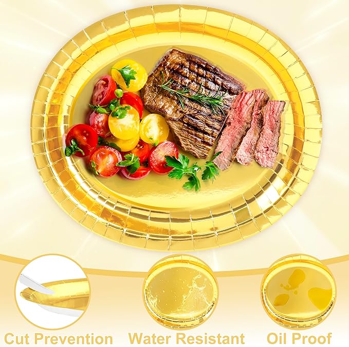 QZYL 50 Pcs Gold Foil Paper Plates, 12.2'' X 10.2'' Oval Large Paper Plates, Dinner Plates Party Decorations Disposable Plates for Birthday Wedding Picnic Graduation Ceremony Anniversary Daily Use