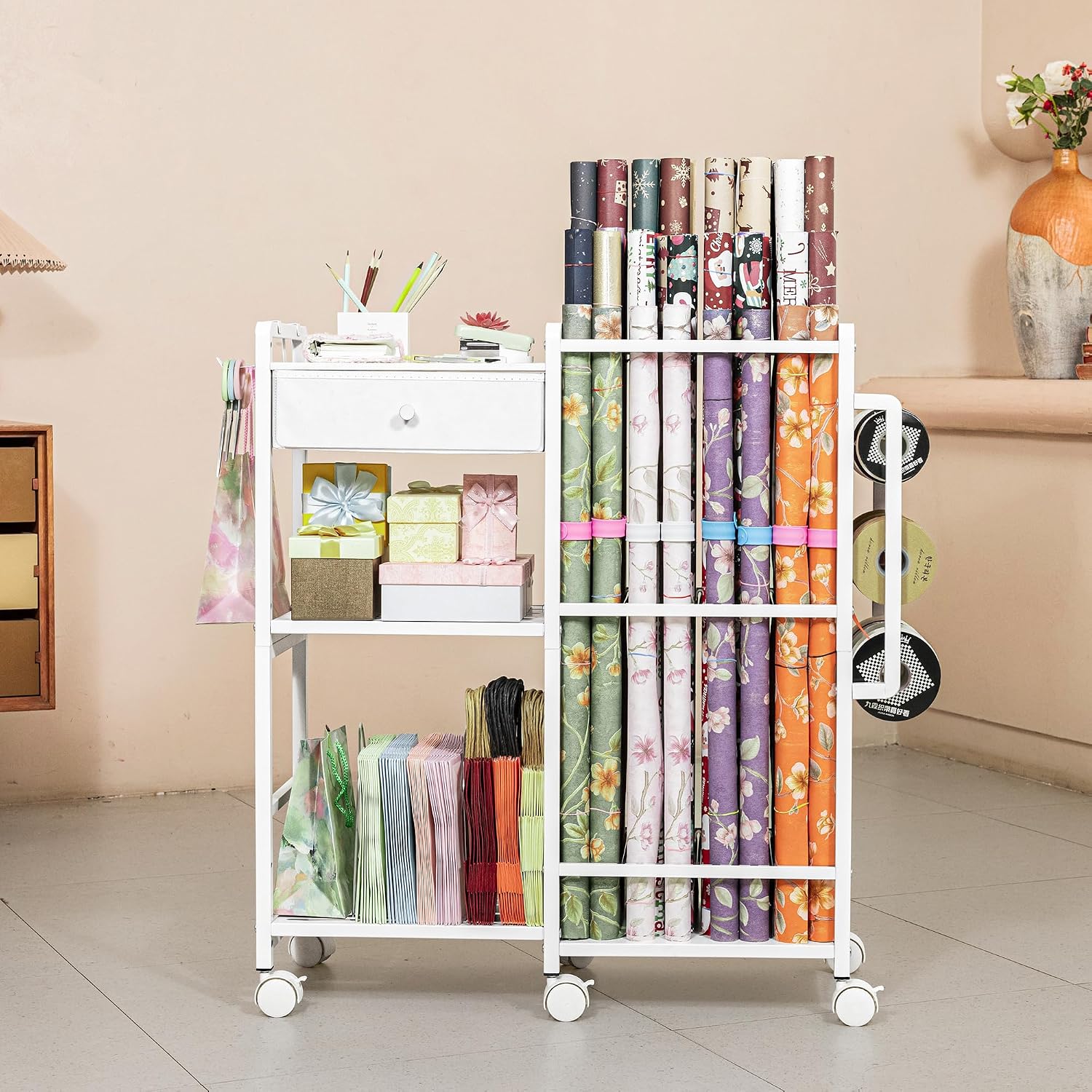 Aquzee Wrapping Paper Storage, Rolling Gift Wrap Station, 9 Adjustable Rod Design, Vertical Wrapping Paper Storage Cart, Ribbon Organizers and Gift Bag Storage, 12 PCS Slap Bands, White