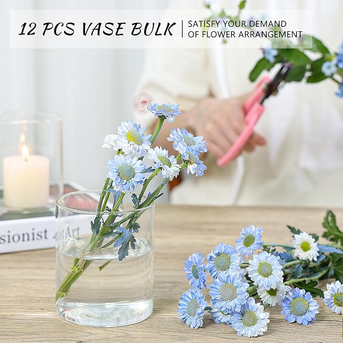 12Pcs Glass Cylinder Vase for Centerpieces 5 Inch Clear Flower Vases Bulk, Glass Hurricane Candle Holder Small Floral Vases for Table, Floating Candle Vase for Wedding Home Décor