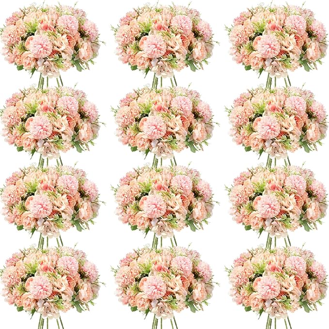 Tigeen Artificial Flowers Artificial Peonies Silk Flowers Faux Peony Fake Peony Silk Hydrangea Bouquet for Wedding Table Centerpiece Floral Vase Decor(Light Pink,12 Bundles)