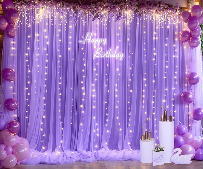 Purple Backdrop Curtains with Lights String for Wedding Birthday Party 10ft×10ft Sheer Tulle Backdrop Curtain for Bridal Shower Baby Shower Photo Shoot Background Wall Decorations 2 Panels 5×10ft