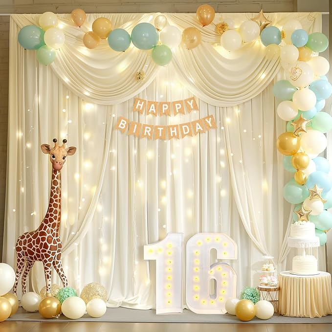 Beige Backdrop Curtains with Lights String for Parties,10x10FT Wrinkle Free Polyester Wedding Photo Backdrop Curtains for Baby Shower Birthday Ceremony Reception Home Party Decorations