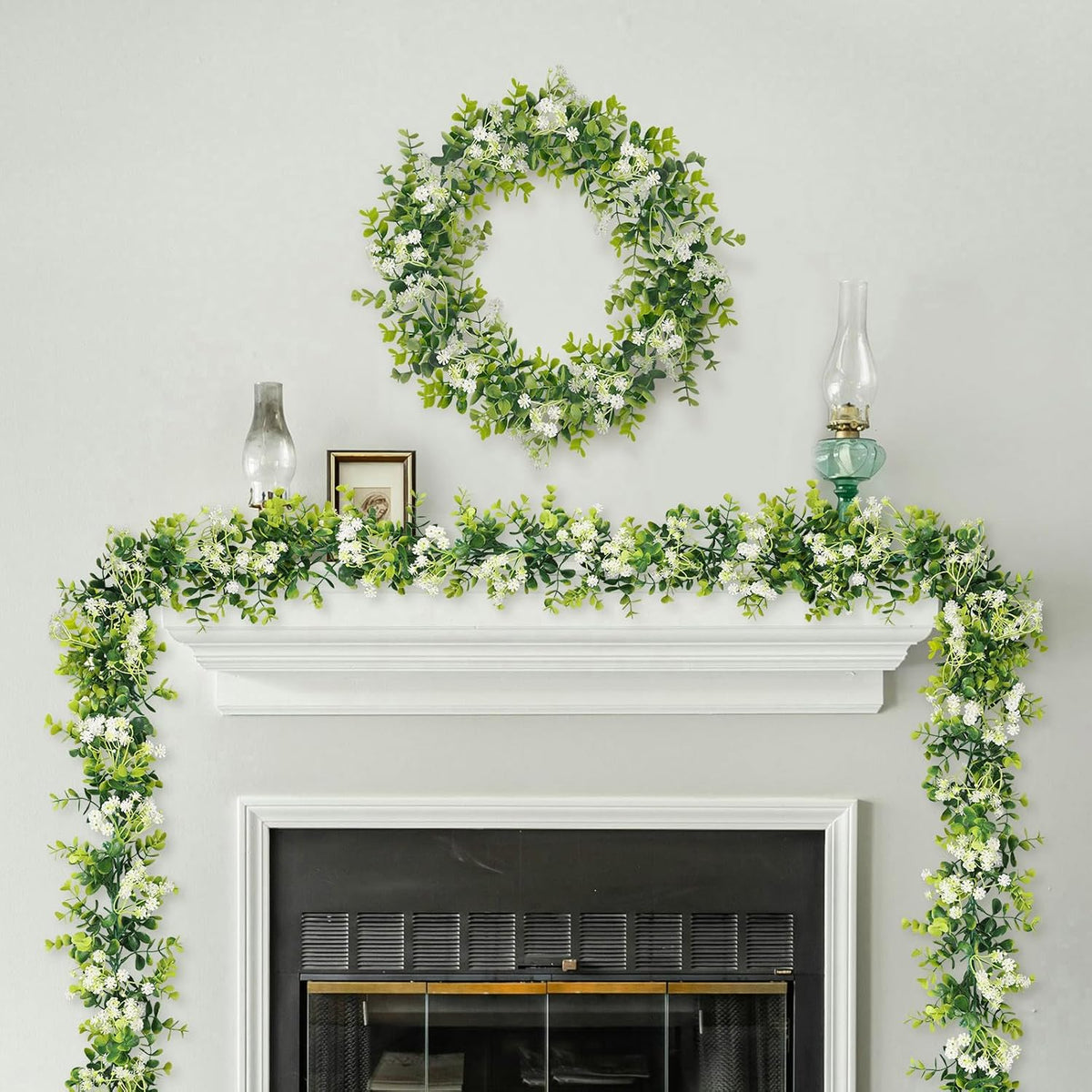 6ft eucalyptus garland with flowers, 6 pack artificial, close-up detail
