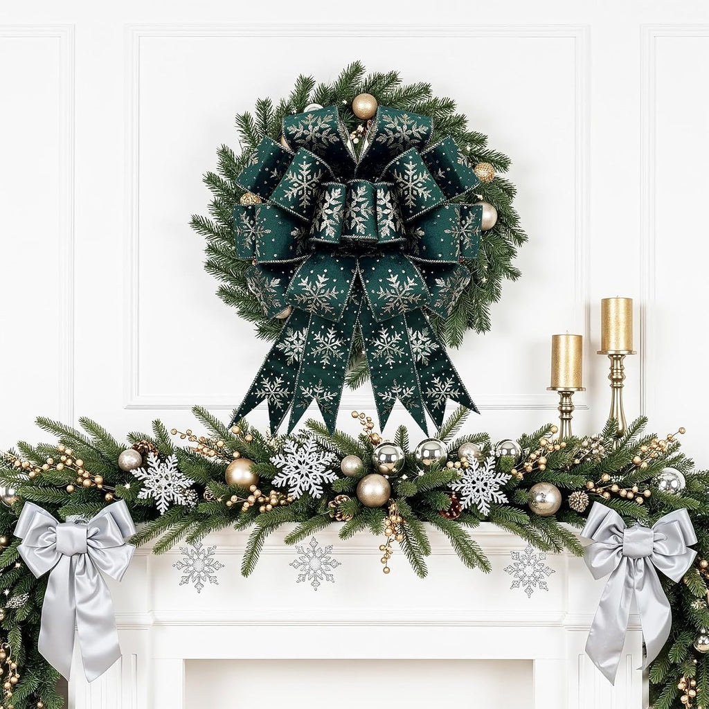 Christmas Tree Topper Bow,48''x 13'' Large Velvet Christmas Wreath Bows Xmas Ornaments with Long Streamer Wired Edge Ribbon for Christmas Decoration (Green)