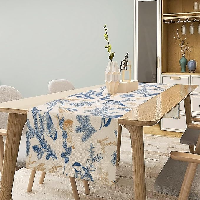Chinoiserie Flowers Table Runner, Seasonal Spring Fall Plants Blue Florals Birds Dinner Runner for Home Kitchen Dining Table Party Holiday Decoration 13"x70"