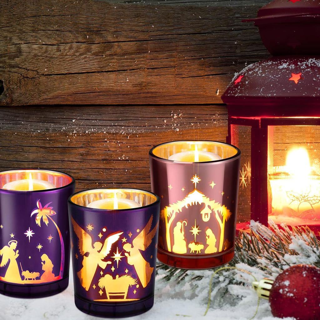 4 Pcs Christmas Advent Candle Holder Nativity Scene Candle Holder Glass Purple and Pink Tealight Candle Holders for Holiday Xmas Wedding Church Home Decor, 4 Styles